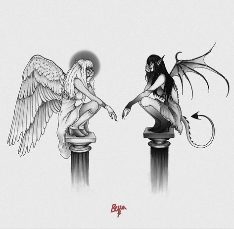 @velvet_dah1ia #tattoo #tattooideas #illustration #digitalart #goth #devil #angel Angel And Demon Back Tattoo, Tattoo Angel And Devil, Weeping Angel Tattoo, Devil Angel Tattoo, Dance With The Devil Tattoo, Angel And Devil Tattoo Design, Devil On Shoulder Tattoo, Devil And Angel Tattoo, She Devil Tattoo