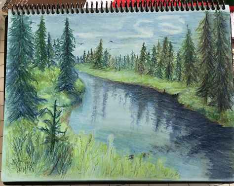 Pencil Color Drawing Landscape, Easy Coloured Drawings, Landscape Colored Pencil, Colored Pencil Landscape, Colour Pencil Art Landscapes, Colored Pencil Art Projects, Forest Drawing, Color Pencil Illustration, Colored Pencil Artwork