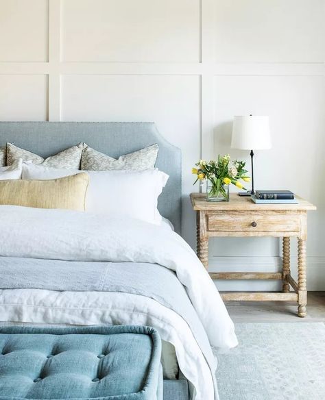 Light Blue Bedroom, Blue Nightstands, Blue Headboard, Tiered Seating, Teal Bedding, Teal Bedroom, Blue Curtains, Classic Bedroom, Trendy Bedroom