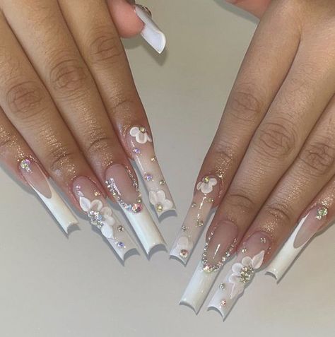 Quinceanera Nails, White Acrylic Nails, Girly Acrylic Nails, Simple Acrylic Nails, Long Acrylic Nails Coffin, Acrylic Nails Coffin Pink, Long Square Acrylic Nails, Unique Acrylic Nails, Bling Acrylic Nails