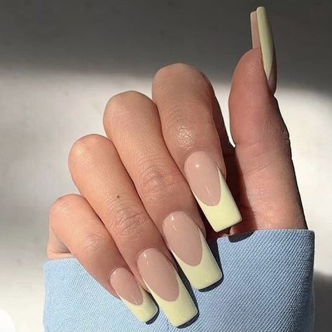 Yellow French, Tapered Square Nails, Beige Nails, French Tip Acrylic Nails, Tip Nails, Acrylic Nails Coffin Short, Man Hat, Pink Acrylic Nails, Yellow Nails