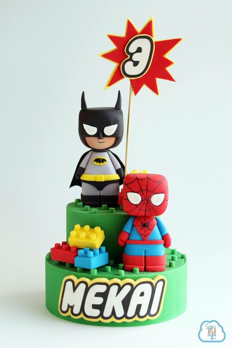 Batman & Spiderman. Lego cake Dort Spiderman, Lego Batman Cakes, Batman And Spiderman, Cake Batman, Cake Lego, Superhero Cakes, Batman Birthday Cakes, Lego Spiderman, Spiderman Birthday Cake