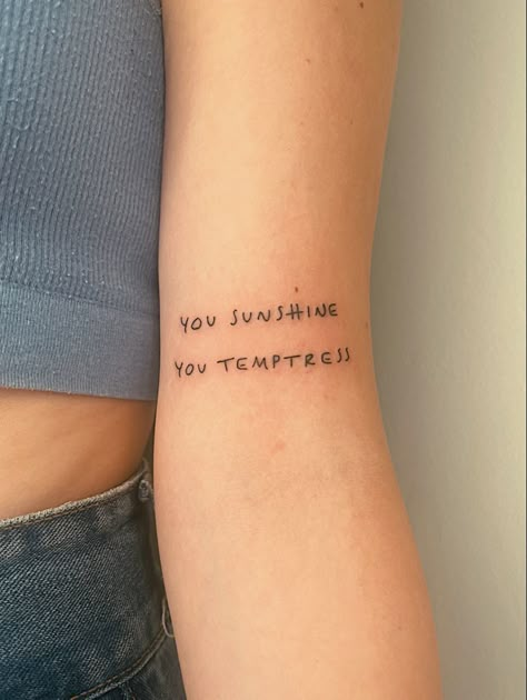 Tattoo Ideas Sunshine, Hs1 Tattoo, Tattoo Ideas Female Harry Styles, Fine Line Harry Tattoo, You Sunshine You Temptress Tattoo Harry Styles, Sunshine Temptress Tattoo, Harry Styles Song Tattoos Ideas, Harry Tattoo Ideas, Your Sunshine Your Temptress