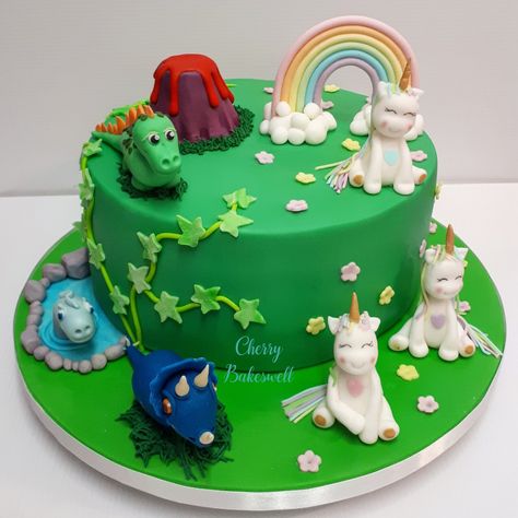 Dinosaur Unicorn cake for twins. #twins #twinsbirthday #twinscake #dinosaur #dinosaurcake #stegosaurus #triceratops #plesiosaur #unicorn #unicorncake #rainbow #instacake #cherrybakeswell #cherrybakeswellbournemouth #bournemouth Rainbow Dinosaur Birthday Cake, Dinosaur And Unicorn Cake, Dinosaur Rainbow Cake, Dinosaur Unicorn Cake, Unicorn Dinosaur Cake, Rainbow Dinosaur Cake, Dinocorn Party, Dinosaur And Unicorn Birthday Party, Fourever Sweet