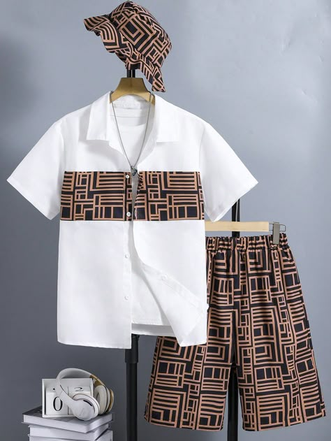 Teen Boy Geometric Printed Collared Shirt, Shorts And Hat 3pcs Set | SHEIN USA Kids African Outfits Boys, Boy Clothes Style, Boys Shirts Style, Short Women Outfits, African Kids Clothes, African Wear For Men, Kids Wear Boys, African Attire For Men, Latest African Men Fashion