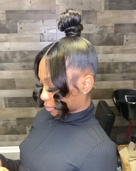 Chinese Bun Hairstyle Black, Up Dos Black Hair Hairstyles, Bun And Bangs For Black Women, Bun With Bangs Black Women, High Bun Hairstyles For Black Women, Black Hair Bun Styles, Bun Hairstyles For Black Women, Black Hair Bun, Black Ponytail