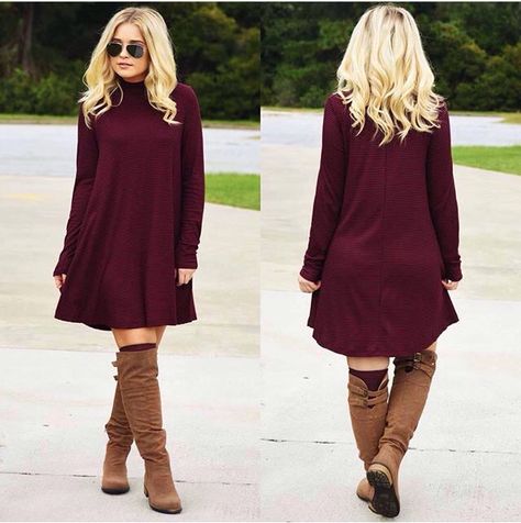 Cute dress and boots Dresses And Boots For Fall, Tall Brown Boots Dress Outfit, Womens Outfits With Boots, Plus Size Fall Dresses With Boots, Brown Boots With Dress, Jean Dress With Boots, Winter Dress With Boots, Dress Outfits With Boots, Dress With Boots Outfit