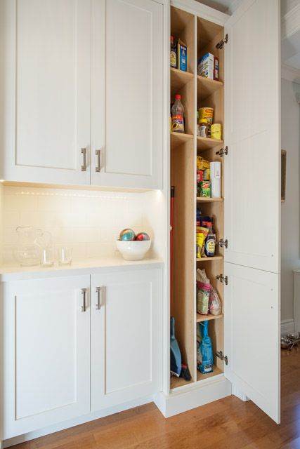 Small Galley Kitchen Layout, Built In Buffet Cabinet, Kitchen Layout U Shaped, Pantry Renovation, Broom Storage, Galley Kitchen Layout, Small Galley Kitchen, Built In Buffet, Vintage Style Kitchen