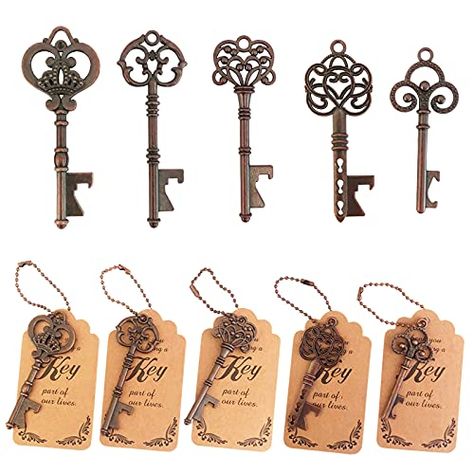 AmazonSmile: WODEGIFT 50pcs Skeleton Key Bottle Opener Wedding Party Favor Souvenir Gift with Escort Tag and Red copper Chains (Red copper,5 styles): Home & Kitchen Key Wedding Favors, Tag Cards, Wedding Bottle Opener Favors, Vintage Wedding Favors, Wedding Bottle Opener, Gold Wedding Favors, Key Bottle Opener, Bridal Shower Party Favors, Party Favors For Adults