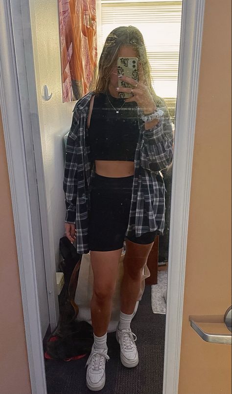 #bikershorts #flannel #ootd #outfitideas #outfitstyles #schooloutfits #college #fashion Flannel And Biker Shorts Outfit, Shorts And Flannel Outfit, Shorts With Tights Outfit, Print Jacket Outfit, Flannel Outfits Summer, Flannel Outfit, Flannel Outfits, Summer Inspo, Tights Outfit