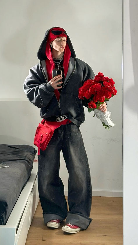 Outfits With Red Converse Men, Streetwear Red Outfit, Red Y2k Outfit Men, Spiderman Hoodie Outfit, Spiderman Beanie Outfit, Valentine Outfits Men, Winter Outfits With Hoodies, Men’s Valentines Outfit, Red And Black Outfits Men Street Styles