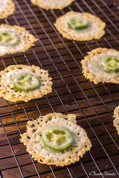 These amazing Jalapeno Parmesan Crisps are crispy bites of baked parmesan, provolone cheese, and a jalapeno slice, that make a delicious low carb, Keto snack, or topper for soup. #KetoSnack #ParmesanCrisps #CheeseCrisps #JalapenoParmesanCrisps #LowCarb #Keto via @flavormosaic Keto Snacks On The Go, Easy Keto Snacks, Keto Snacks Easy, Parmesan Chips, Parmesan Crisps, Snacks On The Go, Snack Bites, Cheese Crisps, Low Carb Snack