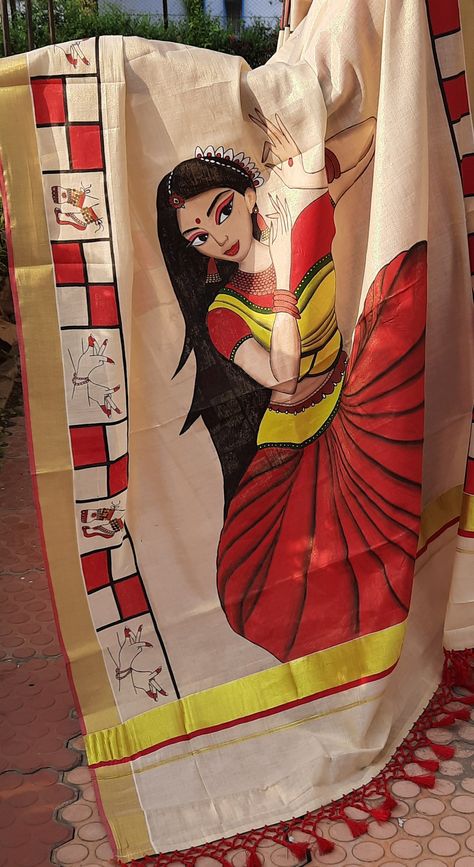 Fabric Painting On Lehenga, Tshirt Painting Ideas Acrylics, Fabric Painting Ideas Creative, Abstract Saree, Painting Skirt, Hand Painted Saree, Fabric Colour Painting, Saree Painting Designs, Bengali Art