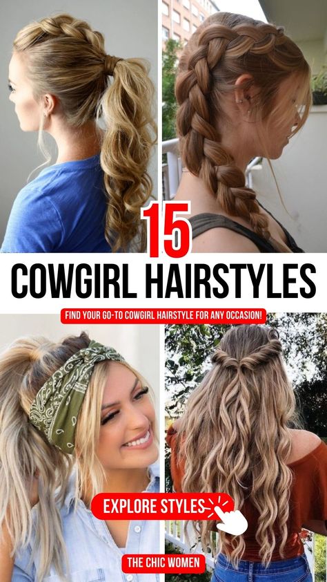 Best Cowgirl Hairstyles of 2024 for Effortless Western Style Cowgirl Hairstyles For Long Hair, Country Concert Braids, Western Hairstyles For Women Long Hair, Easy Western Hairstyles, Country Braids, Wild Rag Hairstyles, Cowgirl Braids, Livestock Show Hairstyles, Boho Braid Hairstyles