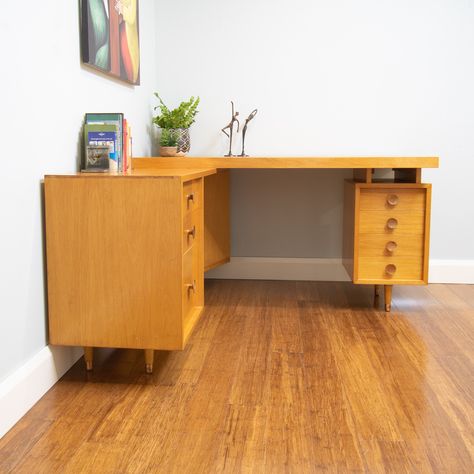 7030R - Retro Mid Century Corner Desk x 7 Drawers - Stepped Floating Top – Angular Cabinet | Masterfind Timber Veneer, Retro Mid Century, Single Doors, Corner Desk, Work Space, Vintage House, Retro Vintage, Floating, Drawers