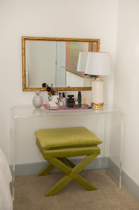 Clear Acrylic Make Up Vanity with Green X Stool, Transitional, Bedroom Transitional Bedroom, Apartment Style, Apartment Decor Inspiration, House Room, Apartment Inspiration, Pictures Ideas, Apartment Room, Photos Ideas, Design Decor