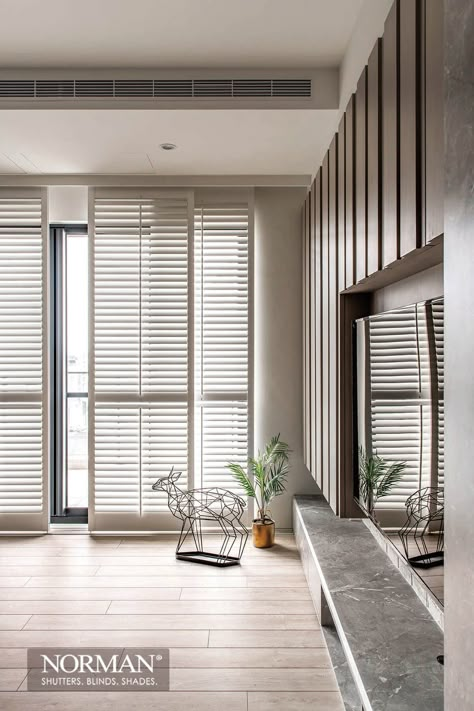 Vertical Louvers Interior, Louvers Windows Ideas, Window Treatments For Sliding Glass Door, Shutters Interior Window Living Room, Interior Shutters Living Room, Modern Interior Shutters, Window Shutter Ideas, Wood Shutters Interior, Shutters Interior Window