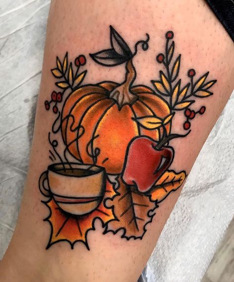 Fall Tattoos, Acorn Tattoo, Fall Leaves Tattoo, Halloween Tattoo Ideas, Pumpkin Tattoo, Autumn Tattoo, Theme Tattoo, Spooky Tattoos, Halloween Tattoo