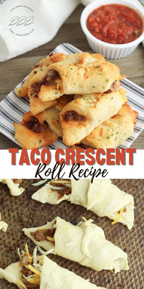 Taco Stuffed Crescent Rolls - Dine Dream Discover Taco And Crescent Rolls, Quick And Easy Dinner Recipes With Crescent Rolls, Tacos With Crescent Rolls, Crescent Taco Roll, Crescent Roll Sopapilla Recipe, Low Carb Crescent Roll Recipes, Taco Meat With Crescent Rolls, Taco Pillsbury Crescent Rolls, Croissant Tacos Crescent Rolls