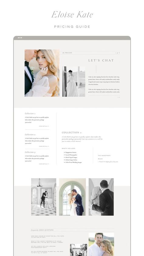 Wedding Pricing Guide Photography, Website Packages Pricing, Wedding Guide Template, Wedding Packages Template, Wedding Venue Packages Template, Showit Templates For Photographers, Price Guide Design, Wedding Price List, Pricing Guide Design