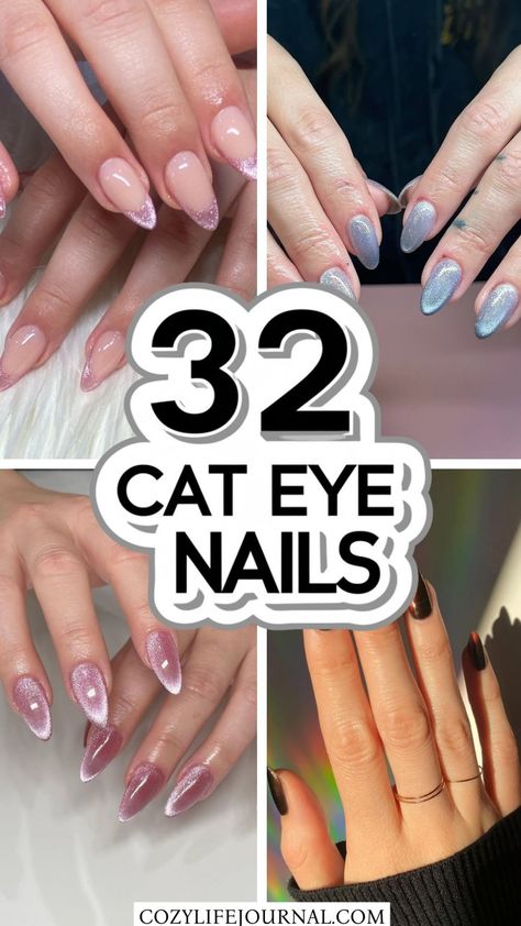 A glamorous display of cat eye nails, highlighting dazzling nail designs and modern cat eye nail art perfect for nails 2025. Cats Eye Almond Nails, Short Stilleto Nails Cat Eye, Gel X Nails Cat Eye, Neutral Nails Cat Eye, Nails 2025 Cat Eye, Metallic Cat Eye Nails, Pink And White Cat Eye Nails, Cat Eye Toenails, Cat Eye Nail Inspo Almond