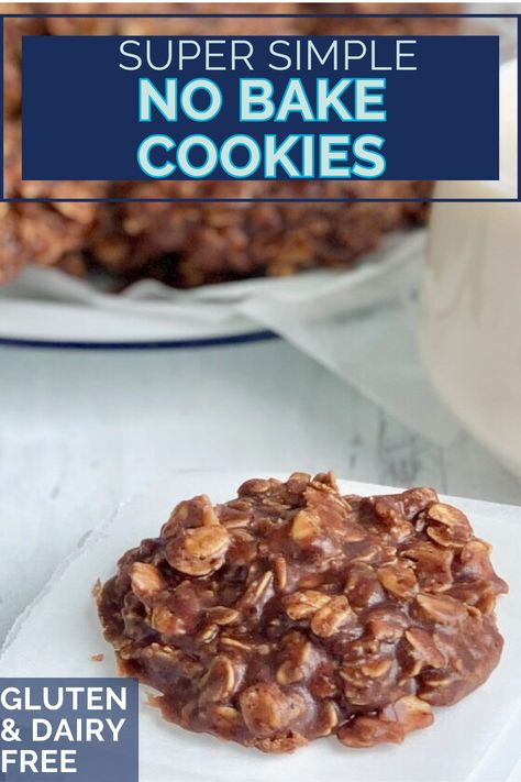 A no bake cookie that is gluten and dairy free with text overlay. Dairy Free No Bake Cookies, Gluten Free No Bake Cookies, Gluten Free Substitutes, Almond Flour Cakes, Chocolate No Bake Cookies, Best Gluten Free Desserts, Old Fashioned Recipe, Oat Cookies, Bake Cookies