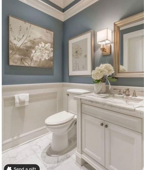 Bathroom Tiled Half Wall, Small Bathroom Ideas With Gold Fixtures, Light Blue Restroom Ideas, Romantic Small Bathroom, All White Marble Bathroom, Elegant Toilet Design, Bright Small Bathroom Ideas, Vintage Home Inspiration, Small Full Bathroom Ideas Color