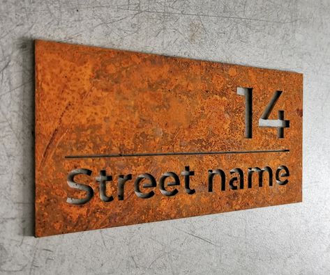 House Numbers Metal, Custom House Sign, Corten Sign Custom, Personalized House Numbers, Street Name Sign, Rusty Steel Sign, Custom Plaque - Etsy Logo On Wall, Street Name Sign, Metal House Signs, Modern House Numbers Sign, Illuminated Signage, Building Signage, Rusted Steel, Merchandise Display, House Name Signs