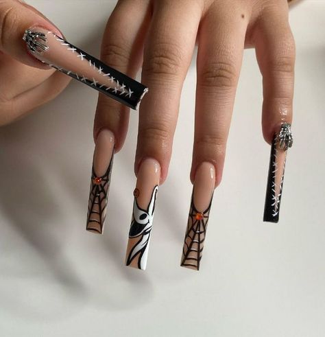 Zero Halloween Nails, Spooky Long Nails, Spooky Halloween Nails Coffin, Horror Inspired Nails, Long Square Halloween Nails, Long Fall Nails 2023, Long Spooky Nails, Scary Nails Halloween, Zero Nails Nightmare Before Christmas