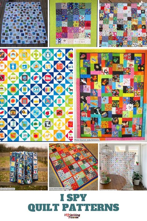 Top 10 Free I Spy Quilt Patterns (+4 Bonus Patterns For Sale) Eye Spy Quilt Ideas, I Spy Quilt Patterns Free, I Spy Quilt Patterns, Kids Quilts Ideas, I Spy Quilts, Charm Pack Quilt Patterns, Free Quilt Tutorials, Small Quilt Projects, Charm Pack Quilt