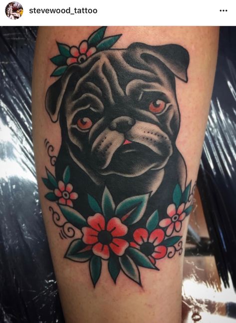 Traditional Pug Tattoo, American Style Tattoo, Tattoo Therapy, Filler Tattoos, Dog Portrait Tattoo, Wood Tattoo, Pug Tattoo, Sacred Tattoo, Hope Tattoo