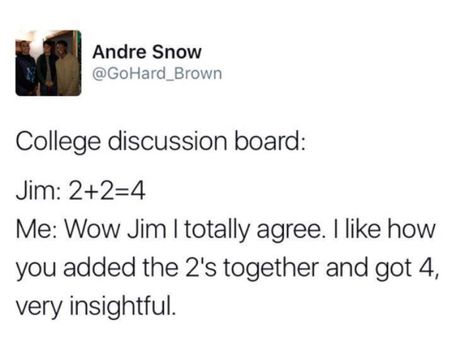 College discussion board post Brown College, College Boys, Life Hacks Computer, College Professor, College Humor, School Humor, Text Posts, Tumblr Posts, College Students