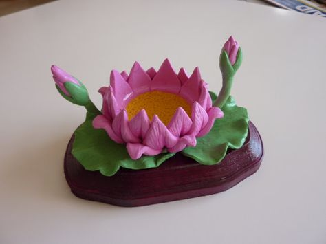 Lotus flower Polymer clay candle holder, Cake Topper, keepsake - Made to order Polymer Clay Candle Holder, Polymer Clay Candle, Polymer Clay Ideas, Clay Candle Holders, Flower Polymer Clay, Clay Candle, Diwali Diya, Diwali Craft, Clay Wall Art