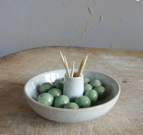 Stoneware Dish with Toothpick Holder | Edwin Loy Home Olive Dishes, Stoneware Dishes, Stoneware Bowl, Toothpick Holder, Reactive Glaze, Functional Pottery, Creative Co Op, Appetizer Plates, Pottery Wheel