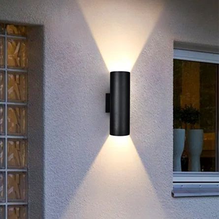 Ivy Bronx Manseau 2 - Bulb Matte Black Outdoor Armed Sconce | Wayfair Modern Black Outdoor Light Fixtures, Exterior Lighting Front Door, Up/down Light Wall Sconces, Modern Garage Lights, Exterior Sconces Modern, Outdoor Lighting Black, Outdoor Black Lights, Modern Garage Lights Exterior, Garage Sconces Outdoor Lighting