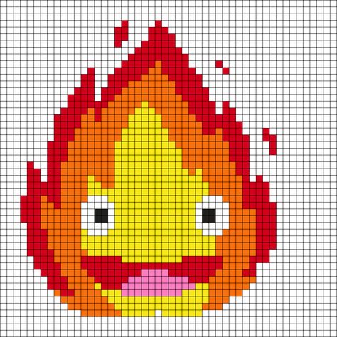 Calcifer Perler Beads, Calcifer Cross Stitch, Calcifer Perler, Studio Ghibli Perler Bead Patterns, Calcifer Pixel Art, Kandi Cuffs, Cross Stitch Geometric, Fuse Bead Patterns, Pixel Art Templates