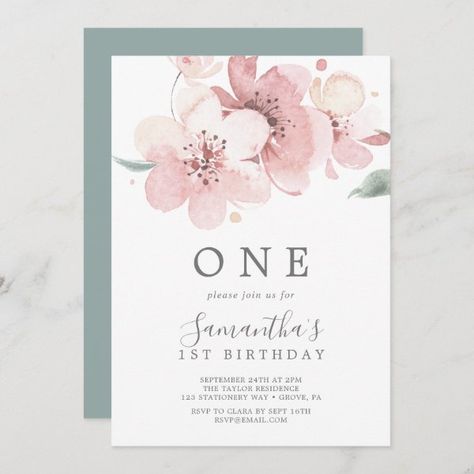 Spring Cherry Blossom First Birthday Party Invitation Pink First Birthday Party, Cherry Blossom Tree Branch, Sakura Watercolor, Floral First Birthday, Birthday Tree, Pink First Birthday, First Birthday Cookies, Modern Birthday Party, Outer Space Planets