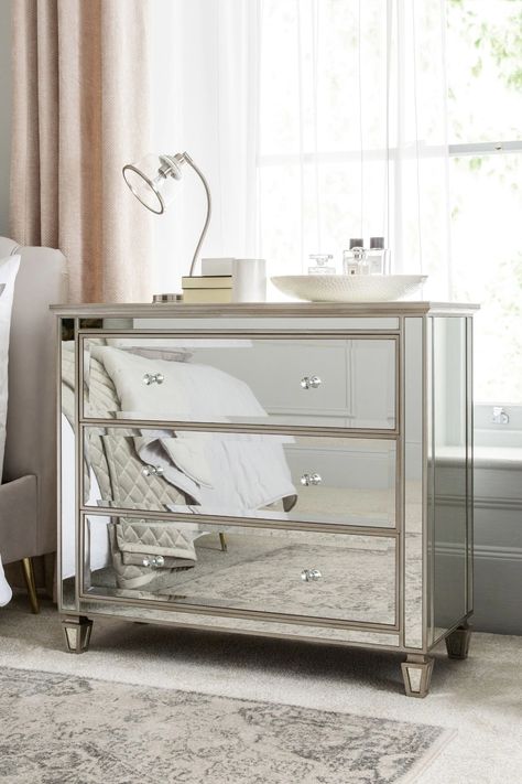 Buy Fleur Mirrored 3 Drawer Chest from the Next UK online shop Mirror Chest Of Drawers, Furniture Reupholstery, Wide Chest Of Drawers, Clothes Drawer, Buy Mirror, 3 Drawer Chest, Home Storage, Cute Clothes, Antique Pewter