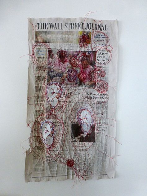 Ines Seidel . what's news | paper and machine stitching on newspaper In The News Art, The News Art, Ines Seidel, Textiles Sketchbook, A Level Textiles, News Art, Art Alevel, Frida Art, Protest Art