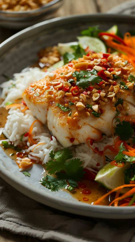 Vietnamese-Style Haddock With Sticky Rice And Crunchy Salad Haddock Dinner Recipes, Snoek Fish Recipes, Haddock Fish Recipes, Grilled Haddock, Healthy Fish Recipes, Vietnamese Fish, Asian Fish, Haddock Recipes, Fish Dinners