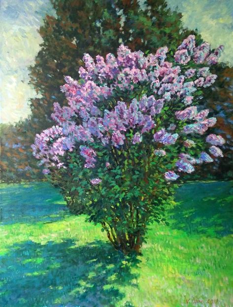 Lilac Bush Painting, Lilac Tree Painting, Lilac Landscape, Bush Painting, Bright Nature, Lilac Bush, Lilac Painting, Lilac Bushes, Lilac Tree