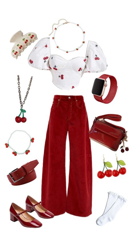 Cherrycore Outfit, Cherry Grunge Outfit, Cherry Outfits Ideas, Cherry Themed Outfit, Cherry Outfit Ideas, Cherry Inspired Outfit, Cherry Red Outfit, Cherry Party, Cherry Style