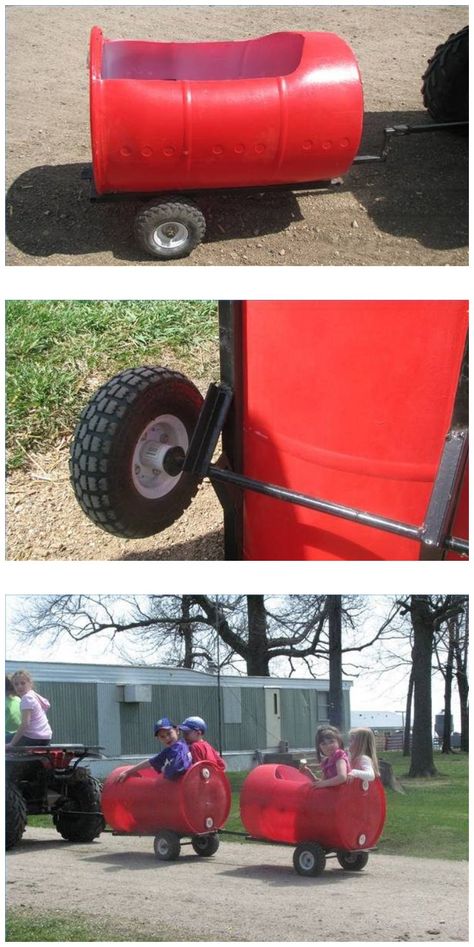 DIY Plastic Barrel Train Barrel Wagon Train, Plastic Barrel Projects, Plastic Barrel Ideas, Barrel Train, Barrel Ideas, Cool Welding Projects, Kids Atv, Plastic Drums, Barrel Projects