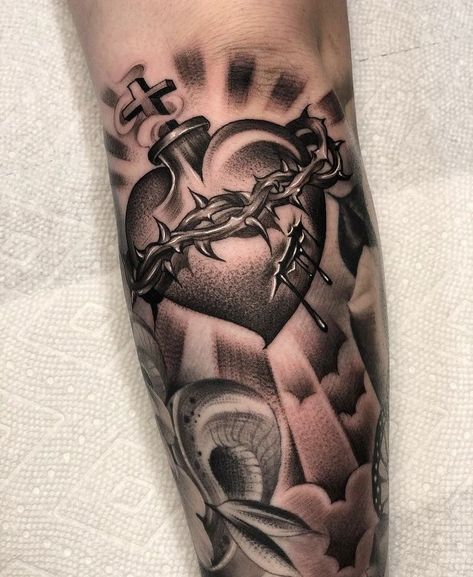 Sacred Heart Tattoo, Aztec Tattoos Sleeve, Jesus Tattoo Design, Scripture Tattoos, Side Thigh Tattoos, Camera Tattoos, Sacred Heart Tattoos, Gangsta Tattoos, Small Quote Tattoos