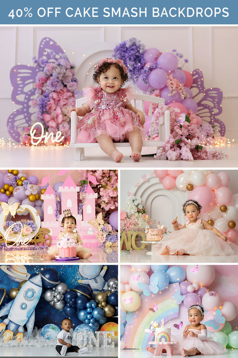 cake smash birthday photography backdrops Cake Smash Themes Girl, 1st Bday Cake Smash, Cake Table Backdrop, Whimsical Cake, Cake Smash Inspiration, 1st Bday Cake, Cake Smash Pictures, Birthday Backdrops, Cake Smash Props