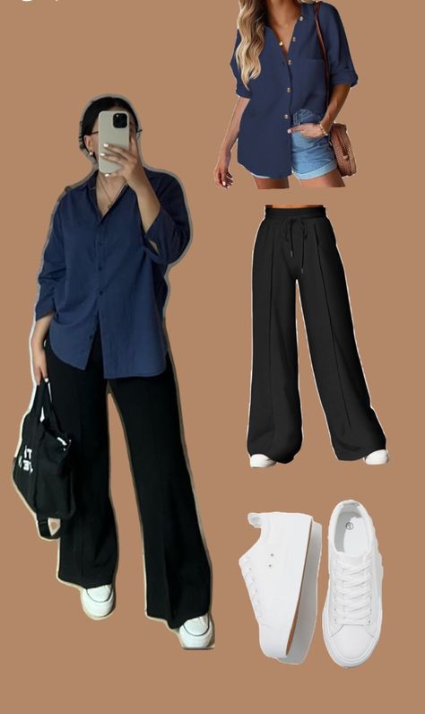 Elevate your fall style with a blue shirt, black wide leg pants, and fresh white shoes for a chic, effortless look! Black Wide Leg Sweatpants Outfit, Wide Leg Sweatpants Outfit, Black Wide Leg Sweatpants, Black Loose Pants, Outfit Wide Leg, Fall Travel Outfit, Sweatpants With Pockets, Sweatpants Outfit, Black Wide Leg Pants