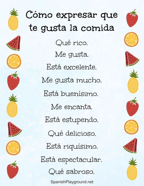 Ways to say delicious in Spanish to express personal reactions at meals. The 12 phrases to say that you like a food can also be use to practice agreement. Spanish Food Unit, Spanish Practice, Learning Spanish For Kids, Learn To Speak Spanish, Spanish Basics, Spanish Lessons For Kids, Learning Spanish Vocabulary, Spanish Teaching Resources, Learn Portuguese