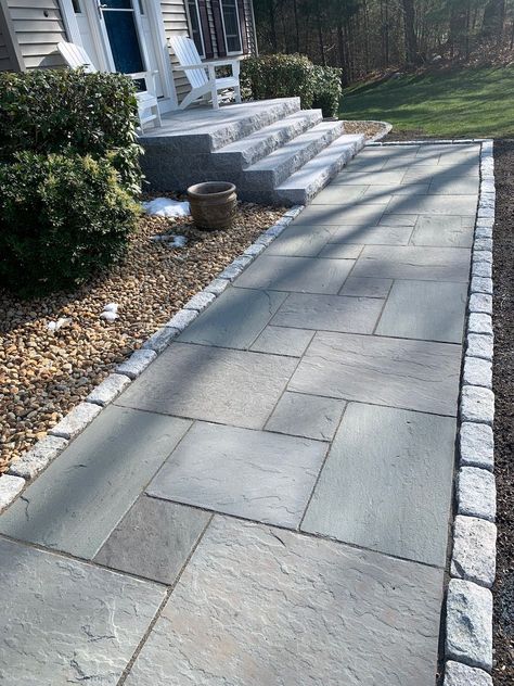 Before and After: 6 New England Homes Get a Boost of Curb Appeal With Natural Stone Hardscaping Pavers For Patio Outdoor Living, Natural Stone Walkway, Granite Patio, Concrete Pavers Walkway, Front Walkway Landscaping, Bluestone Walkway, Front Door Landscaping, Grey Pavers, Front Yard Walkway