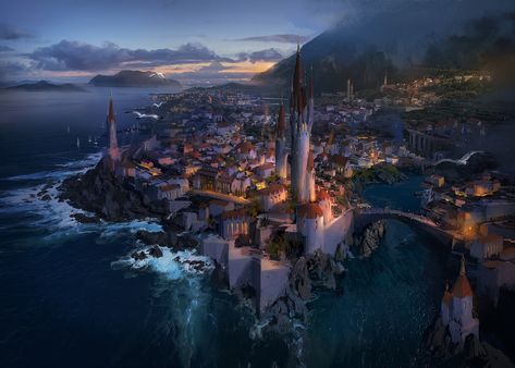 ArtStation - seaside castle, J.C Park Seaside Castle, City By The Sea, Between Two Worlds, Fantasy City, Fantasy Castle, Fantasy Setting, Fantasy Places, Landscape Scenery, Fantasy Concept Art