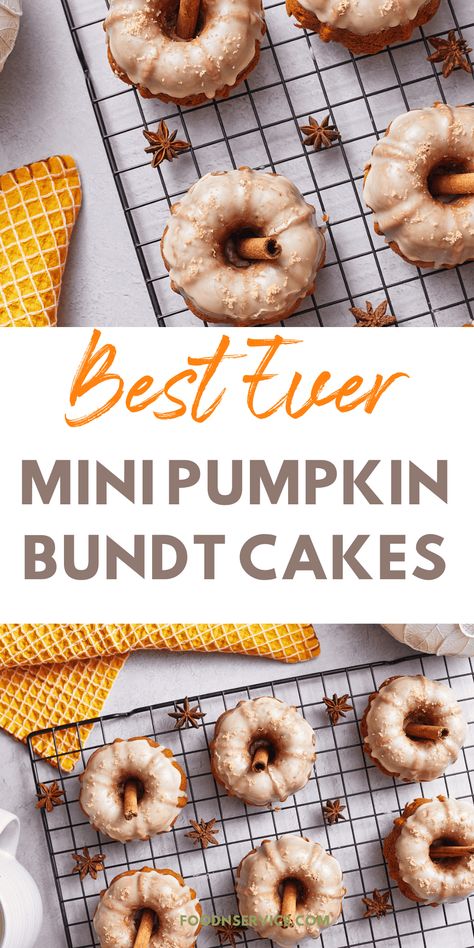 These mini pumpkin bundt cakes offer an adorable alternative to larger traditional bundt cakes. They’ll add decoration to the table while providing delicious single-serving cakes to your family and guests - perfect for special occasions, picnics, parties, baby and bridal showers, or a fancy high-tea! The warmth from the spices in the cake batter is the very essence of fall. They’ll instantly get you into the spirit of all-things-pumpkin this season. Small Pumpkin Cake, Mini Pumpkin Bundt Cakes, Mini Bundt Cake Recipes, Pumpkin Bunt Cake, Mini Bunt Cake, Pumpkin Bundt Cake Recipes, Mini Bundt Cakes Recipes, Single Serve Cake, Pumpkin Bundt Cake